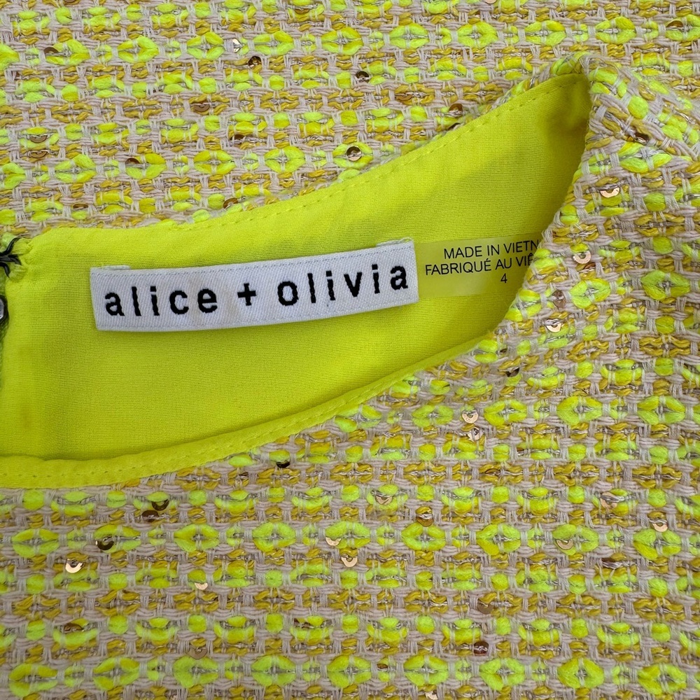 ALICE + OLIVIA Clyde Sequin Embellished Tweed Shift Dress -Neon Yellow -Size 4 - Picture 8 of 10